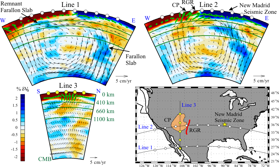 four images showing mantle convection under the southwest USA